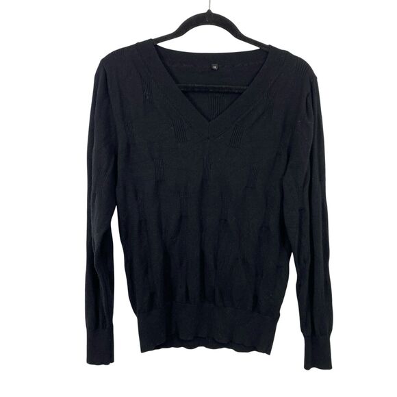 ARACH & CLOZ Women V Neck Sweater size Medium Black Texture Knit Long Sleeve - Picture 9 of 9